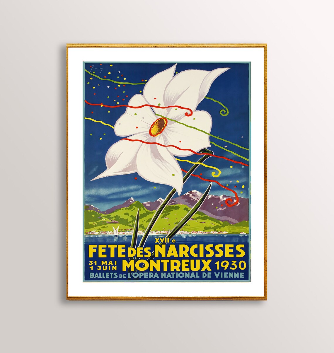 Montreux 1930 Narcissus Festival Vintage Swiss Flower Poster
