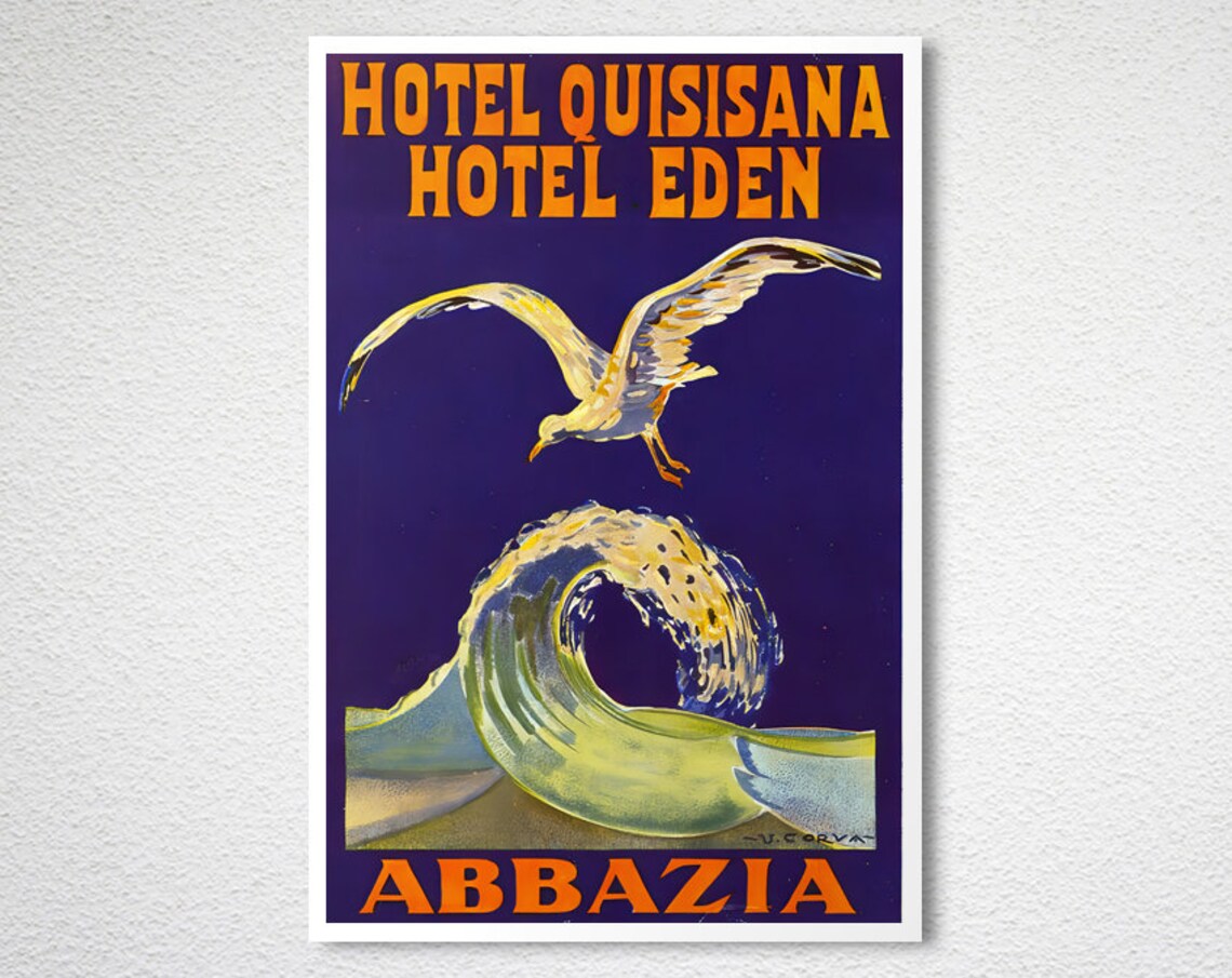 Hotel Quisisana Eden Abbazia Art Deco Seagull Wave Vintage Poster - Image 2