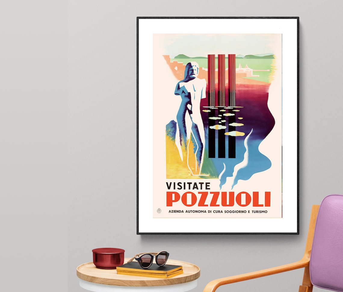 Visitate Pozzuoli Italy Bronze Statue Seaside Modernist Travel Poster