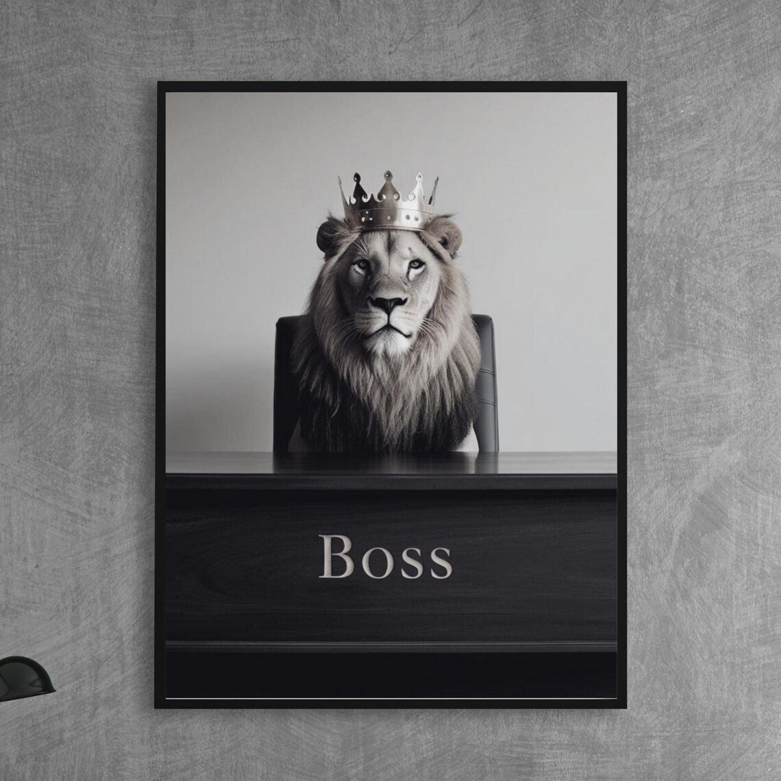 Funny Lion Wearing a Crown as the Boss Behind a Desk Office Poster