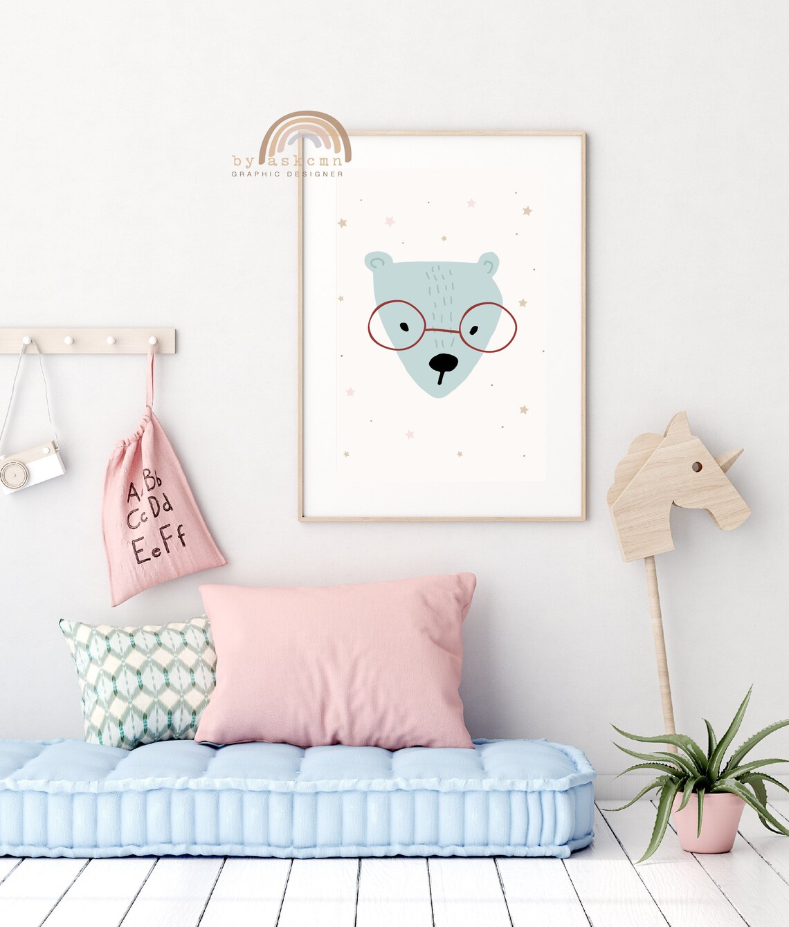 Mint Bear Red Round Glasses Cute Nursery Animal Wall Decor Poster - Image 6