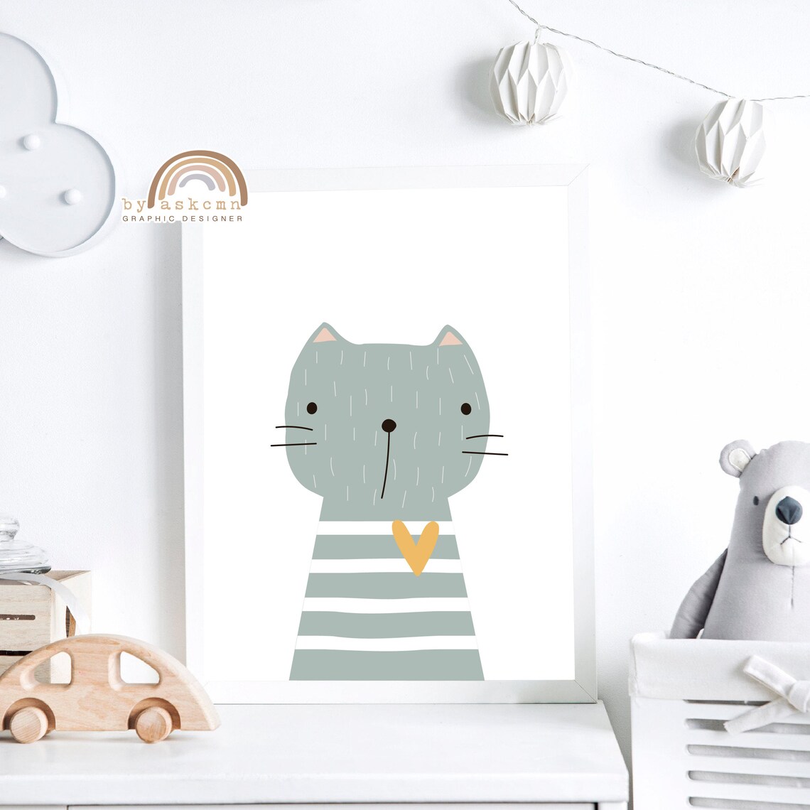 Cute Gray Cat With Striped Sweater And Heart Nursery Decor Poster - Image 7