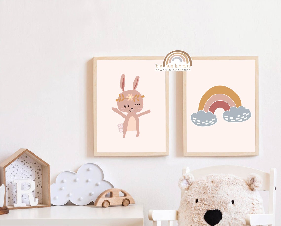 Bunny Print Nursery Baby Room Poster Nursery Wall Art Boho Rainbow Wall Art Boho Nursery Kids Room Poster Girls Bedroom Decor - Image 2