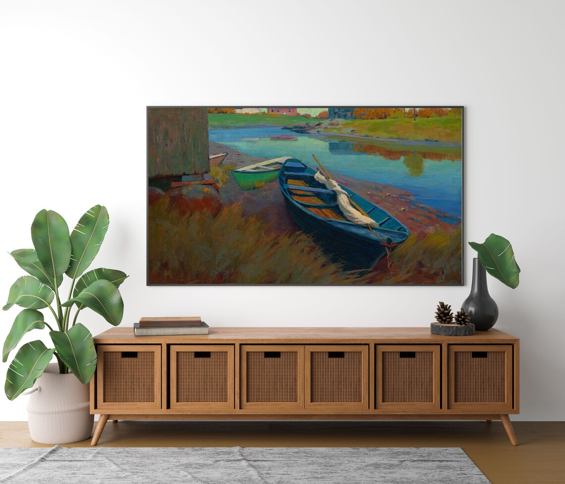 Blue Rowboats Riverbank Reflections Colorful Impressionist Boat Painting Poster - Image 4