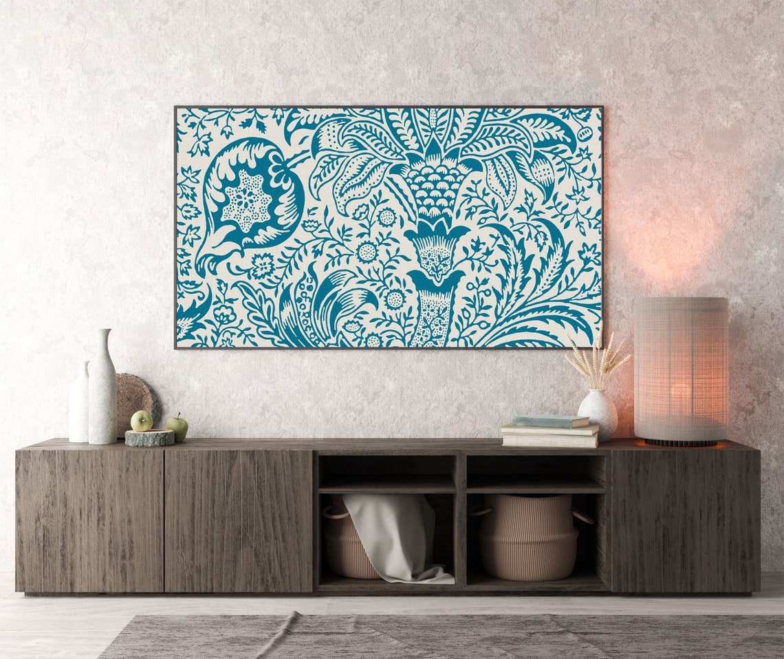 Elegant Blue Botanical Damask Pattern Arts and Crafts Style Poster - Image 3