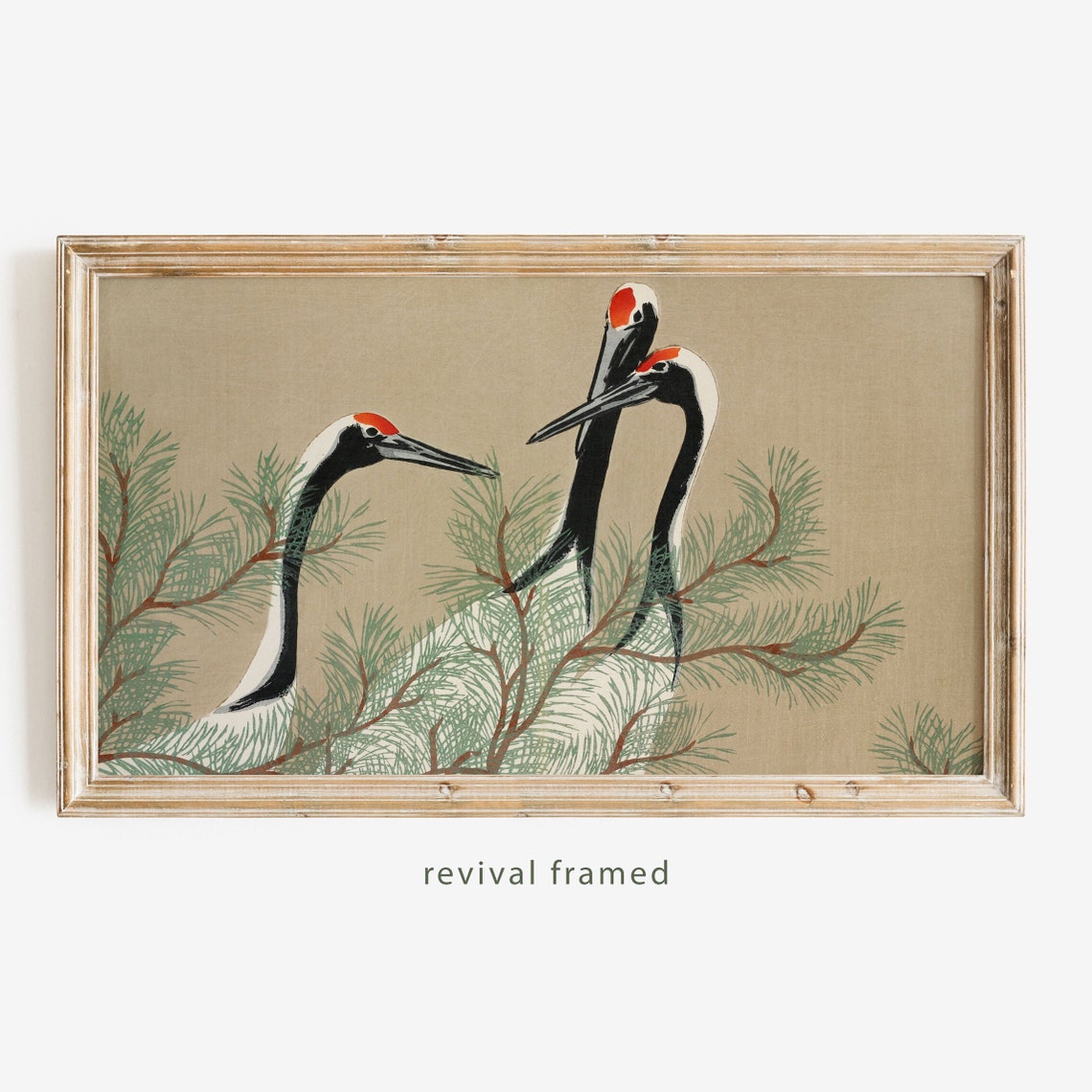 Japanese Red Crowned Cranes Among Pine Branches Woodblock Poster