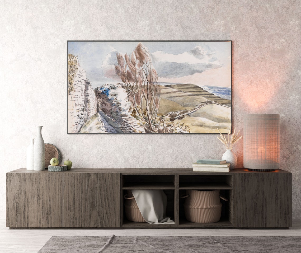 Coastal Cliffs with Windswept Trees Watercolor Seascape Poster - Image 2