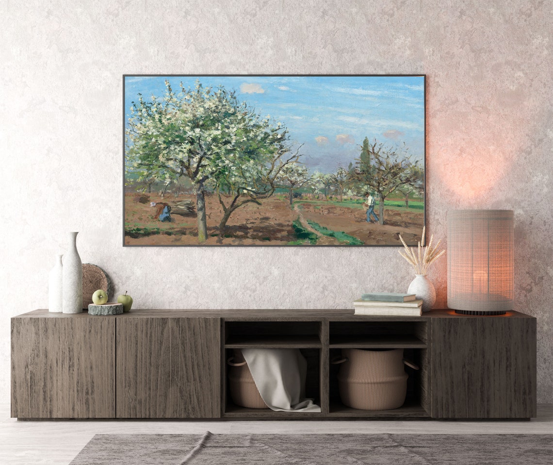 Blossoming Spring Orchard with Farm Workers Vintage Landscape Poster - Image 3