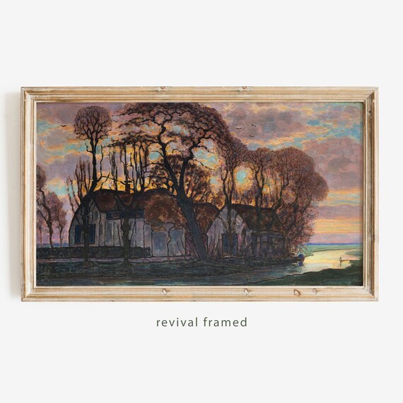 Sunset Behind Cottages and Dark Trees River Landscape Poster