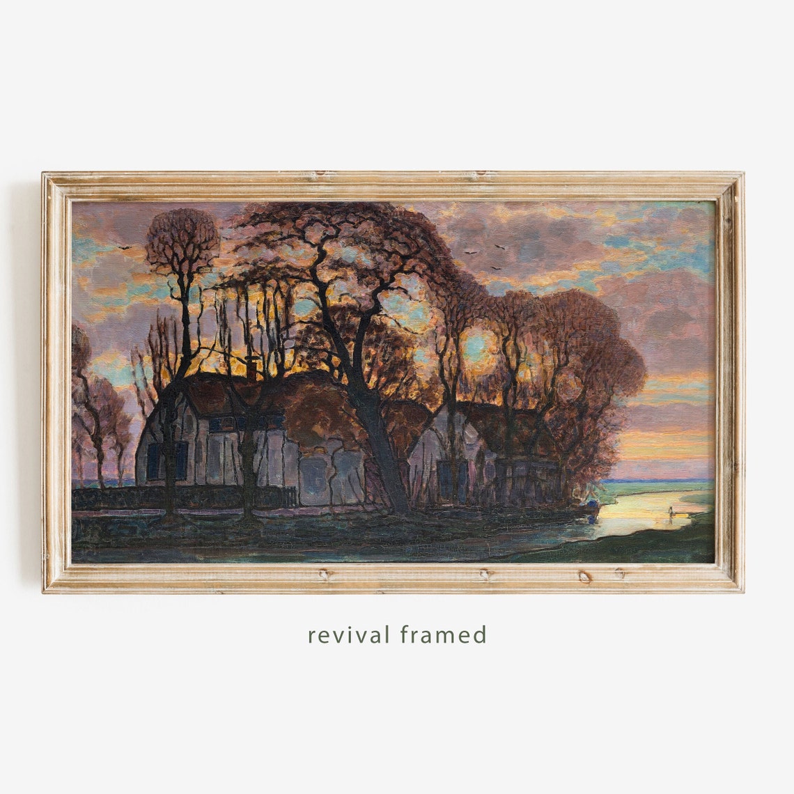 Sunset Behind Cottages and Dark Trees River Landscape Poster