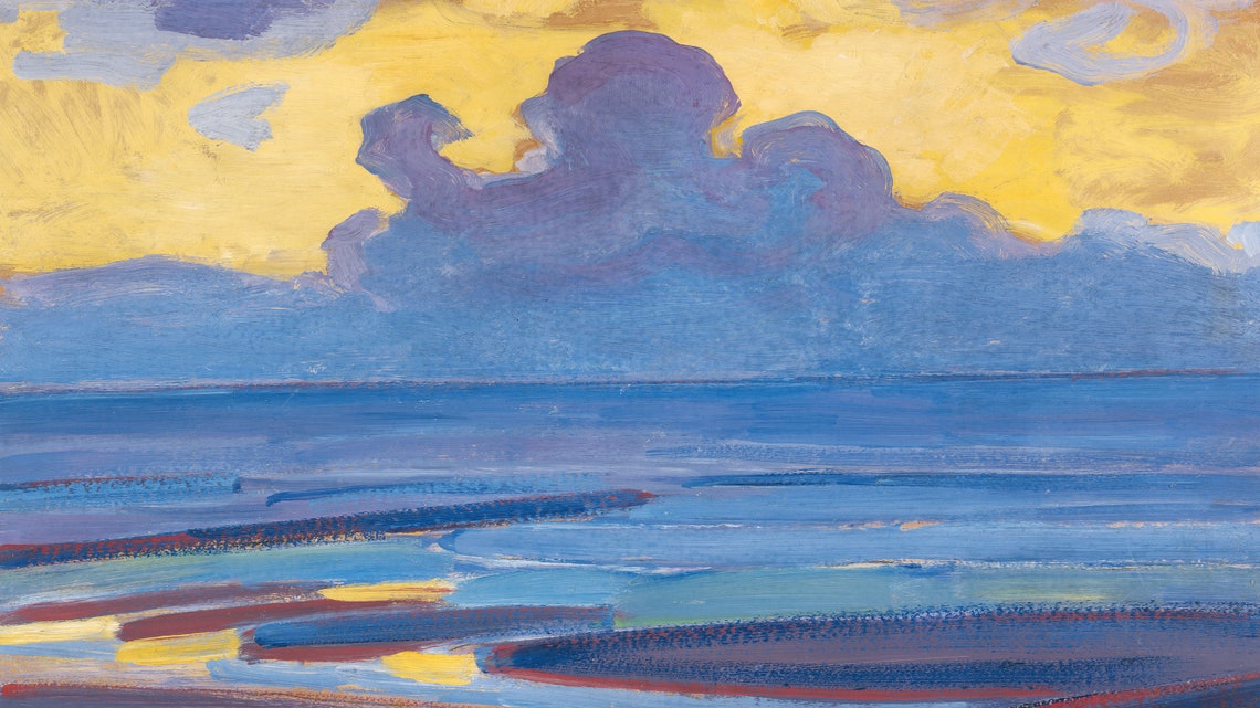 Mondrian Yellow Sky and Purple Clouds Over Deep Blue Sea Poster - Image 2