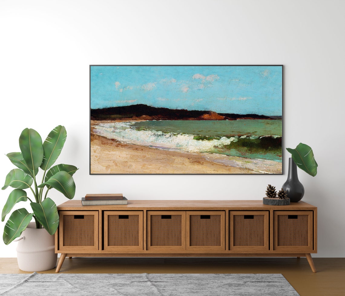 Turquoise Waves Breaking on a Sandy Beach Seascape Oil Poster - Image 4