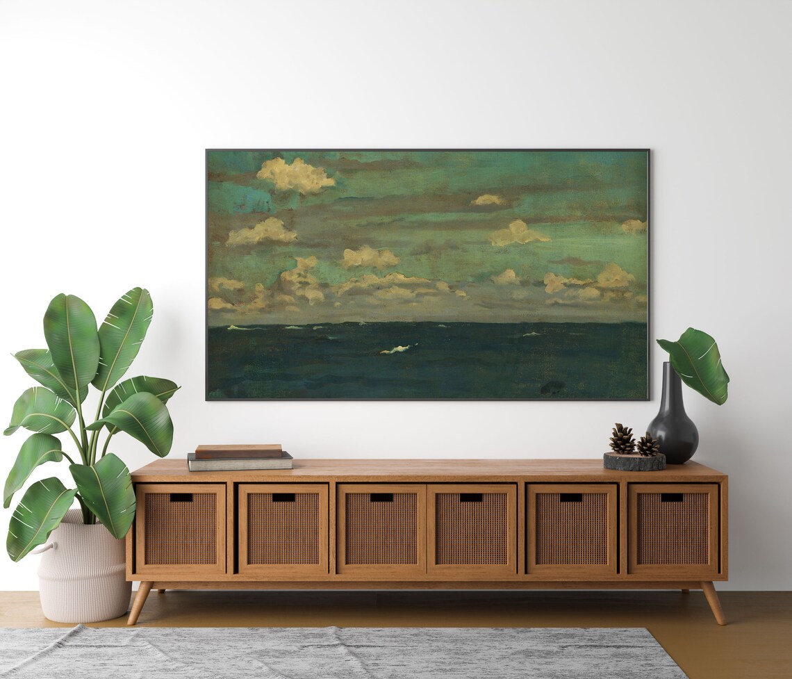Dark Ocean Waves Dramatic Clouds Moody Teal Seascape Oil Painting Poster - Image 3
