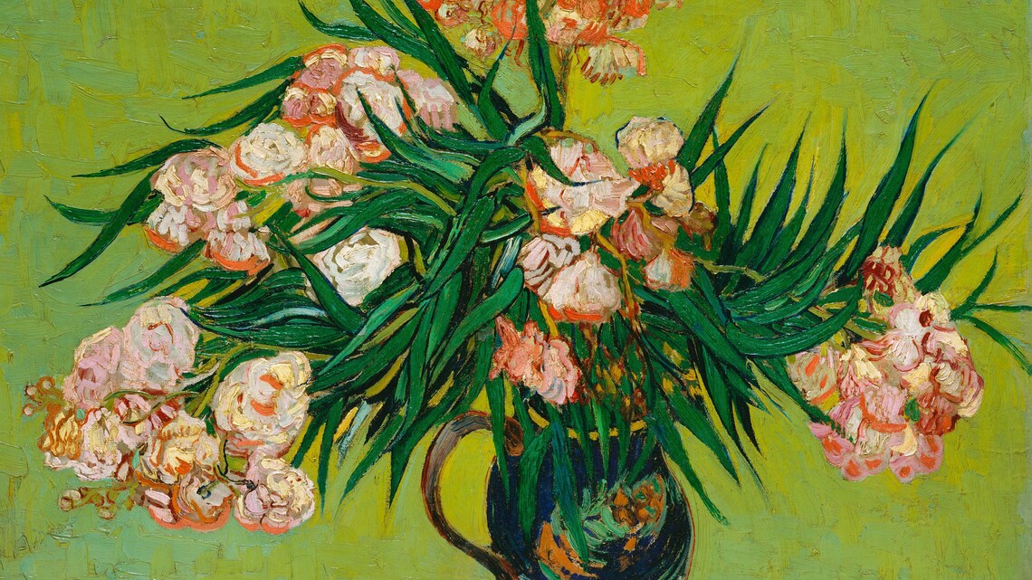 Van Gogh Pink Oleander Blossoms in Vase Green Still Life Poster - Image 2