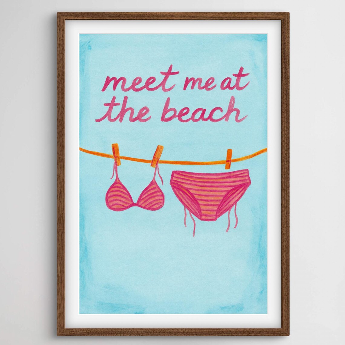 Meet Me at the Beach Pink Striped Bikini Watercolor Coastal Poster