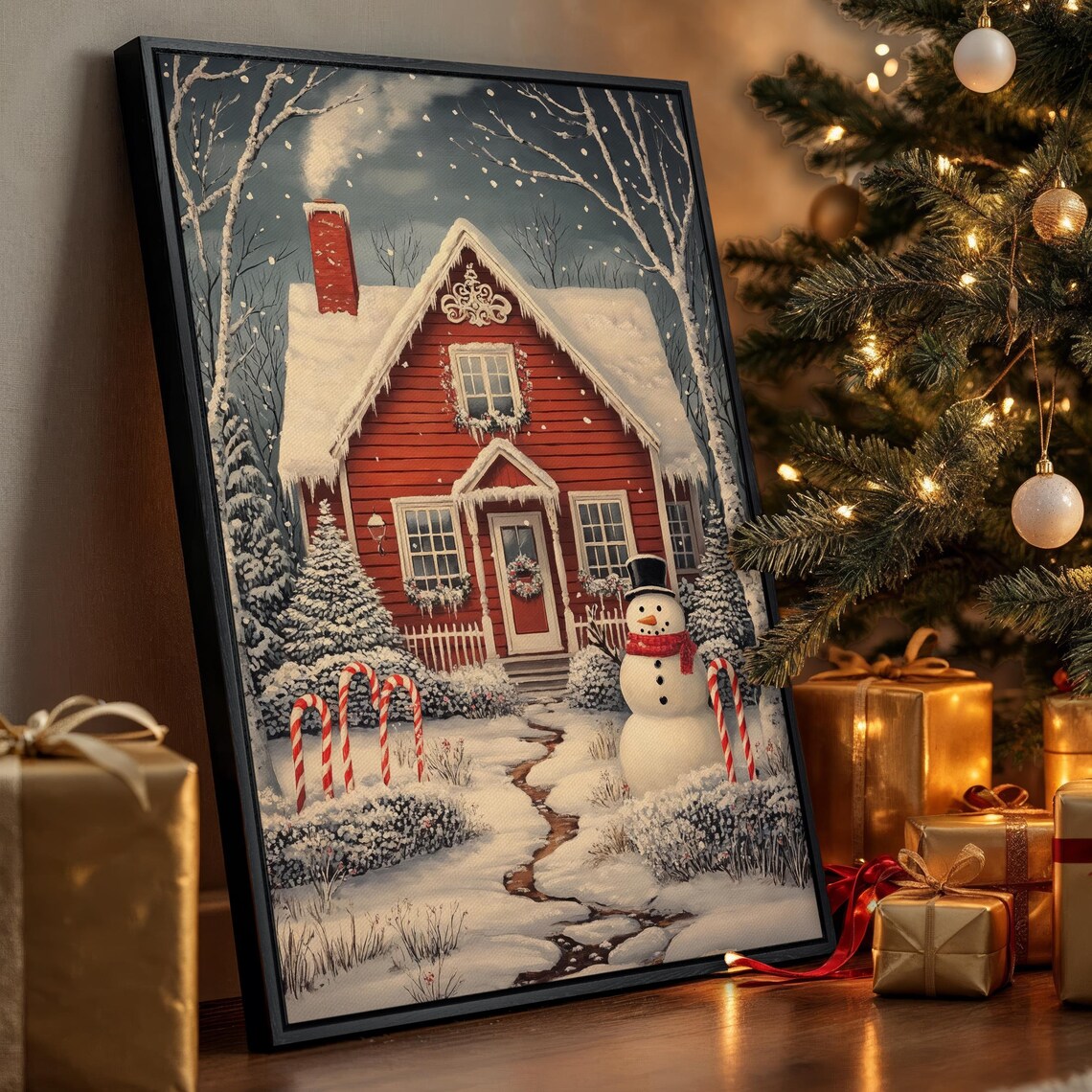 Red Farmhouse And Snowman With Candy Canes Winter Scene Poster