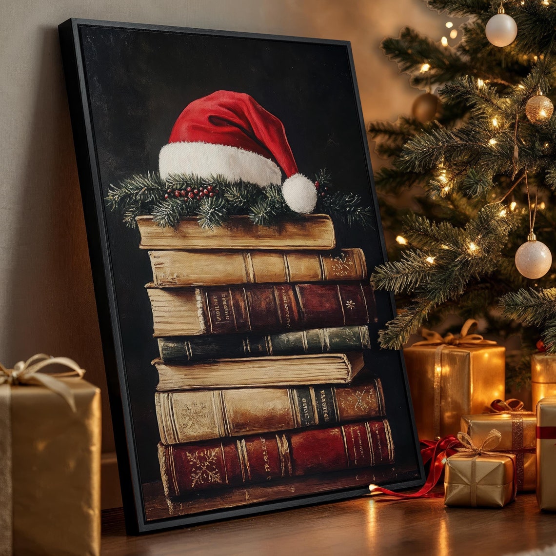 Vintage Book Stack With Santa Hat Greenery Dark Christmas Poster