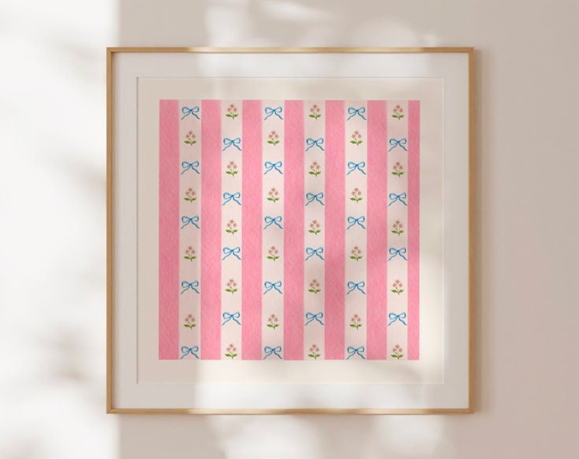 Pink Striped Floral Bows Wallpaper Pattern Square Decor Print
