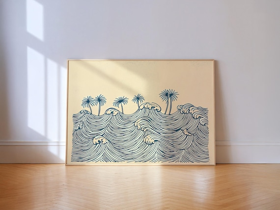 Japanese Blue Wave Line Art with Palm Trees Minimal Coastal Poster