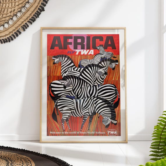 Vintage Africa Travel Poster Print Airline Zebra Retro Wall Art Gift For Travelers