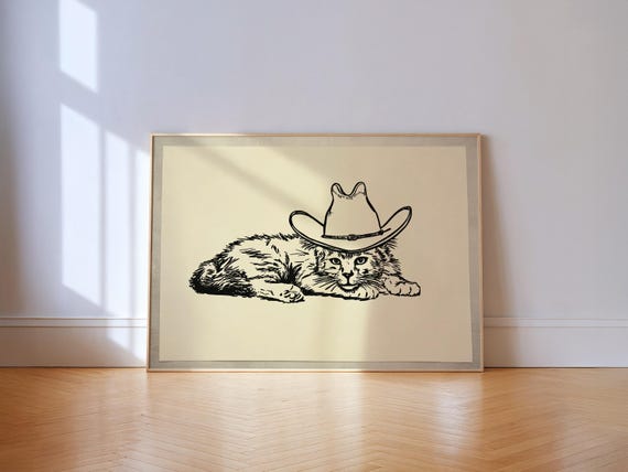 Cowboy Cat Line Art Print Western Home Decor