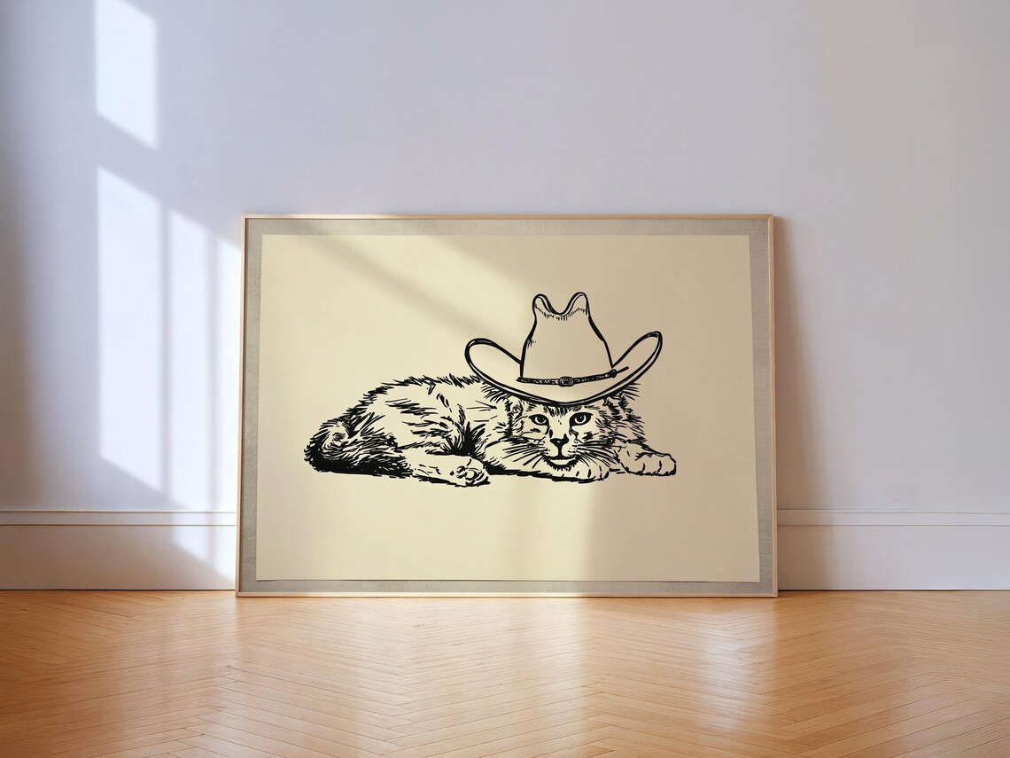 Cowboy Cat Line Art Poster Fluffy Cat Wearing Cowboy Hat Western Wall Decor