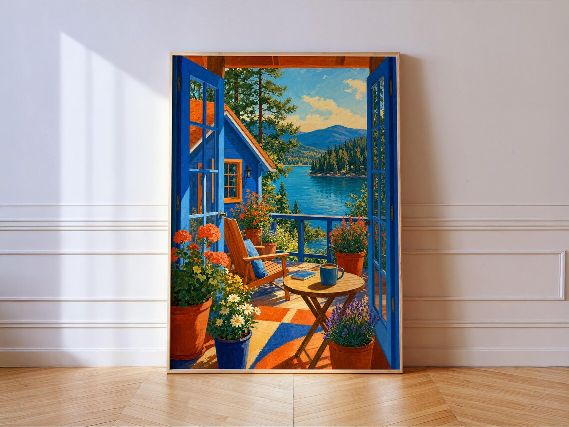 Open Blue Doors To A Lakeside Cabin Porch, Folk Art Landscape