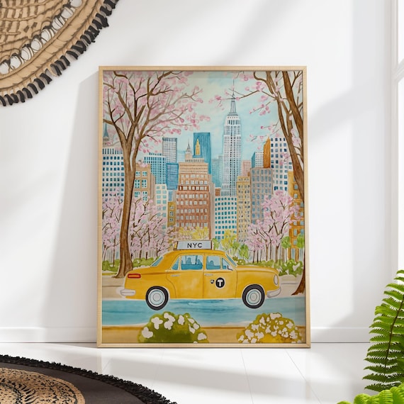 NYC Yellow Taxi Cherry Blossom Spring Cityscape New York Poster