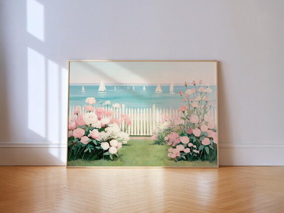 Coastal Roses Garden White Picket Fence Sailboats Seaside Cottage Art Poster