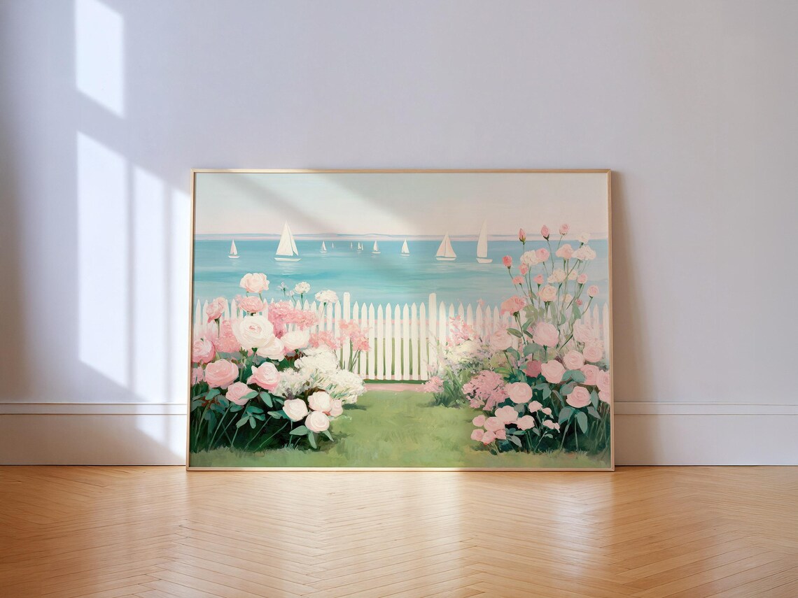 Coastal Roses Garden White Picket Fence Sailboats Seaside Cottage Art Poster