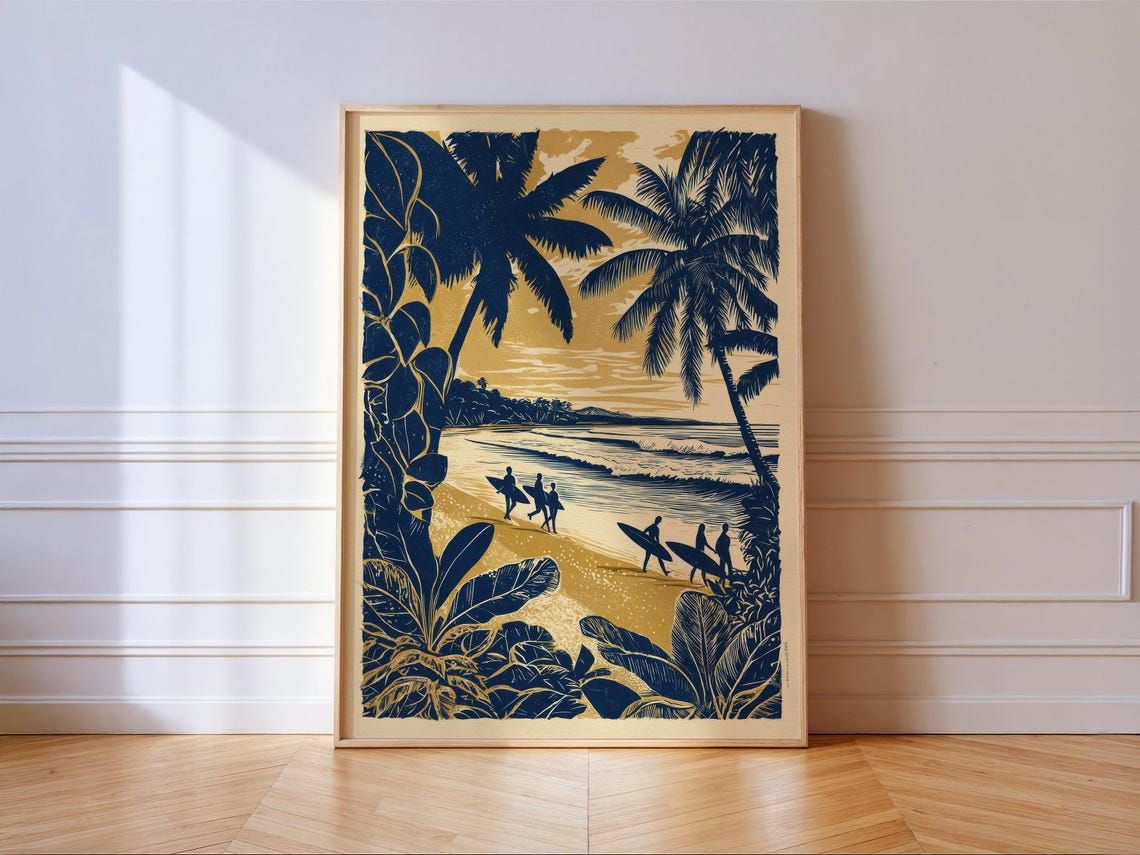 Navy and Gold Tropical Surf Beach Palm Trees Linocut Art Poster