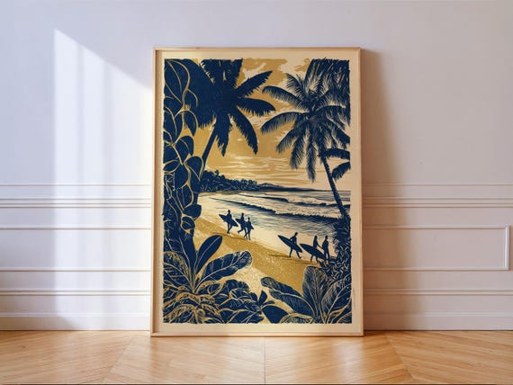Vintage Surf Beach Print Tropical Palm Tree Surfer Linocut Wall Art