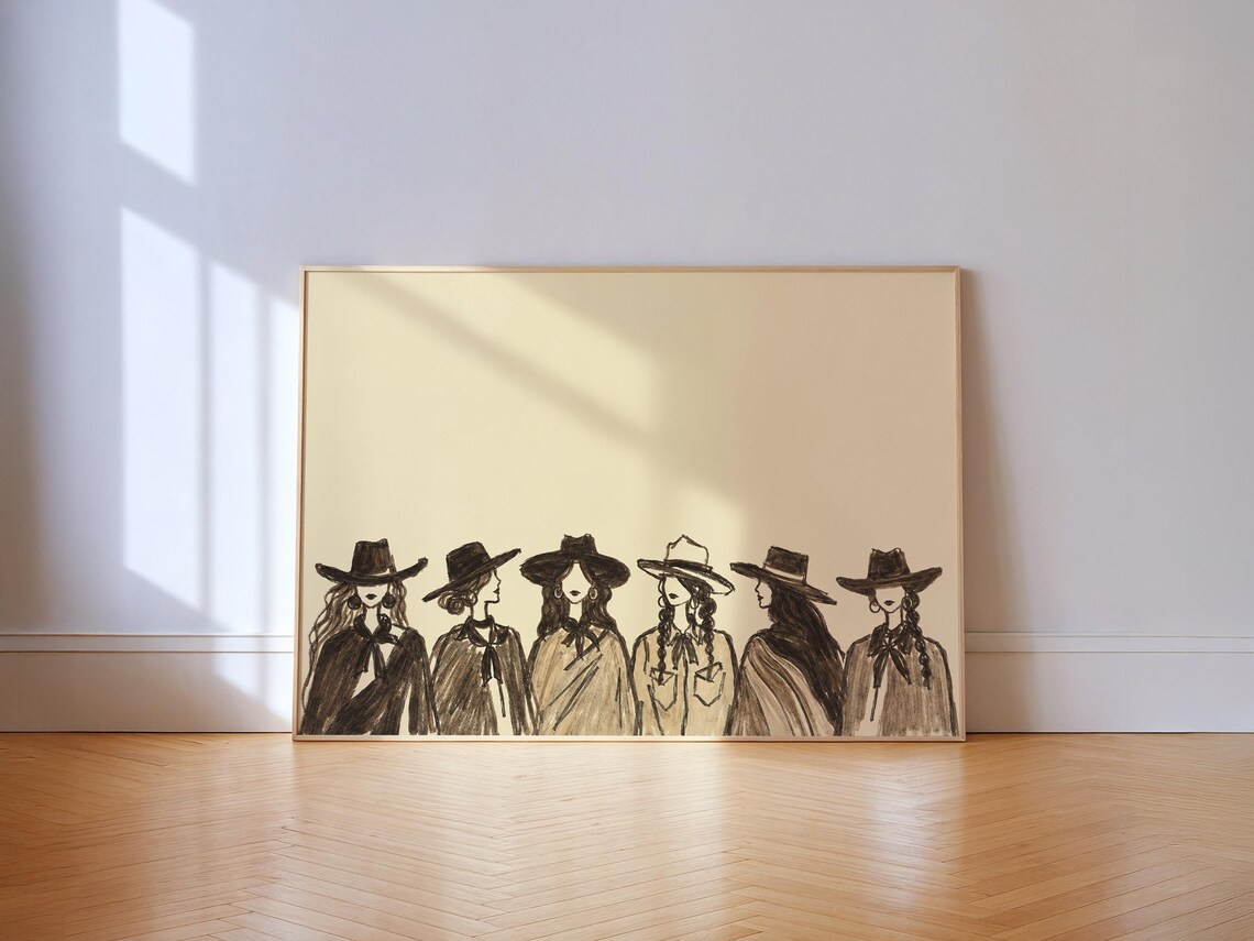 Row Of Six Cowgirls In Hats Black Charcoal Sketch Western Wall Art