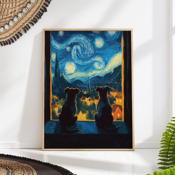 Starry Night Two Dogs Watching Window Van Gogh Style Art Poster