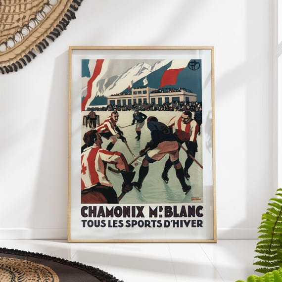 Vintage Chamonix Hockey Print French Alps Winter Sport Retro Travel Wall Art
