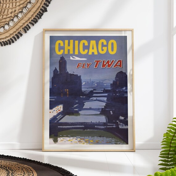 Chicago Travel Poster Print Vintage Mid Century Twa Airline Art Classic Retro Skyline Decor