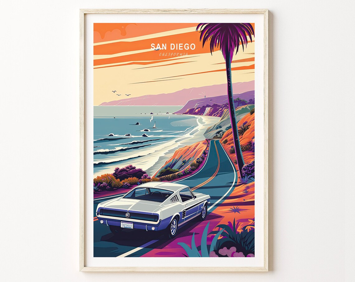 San Diego California Sunset Coastal Highway Classic Mustang Poster