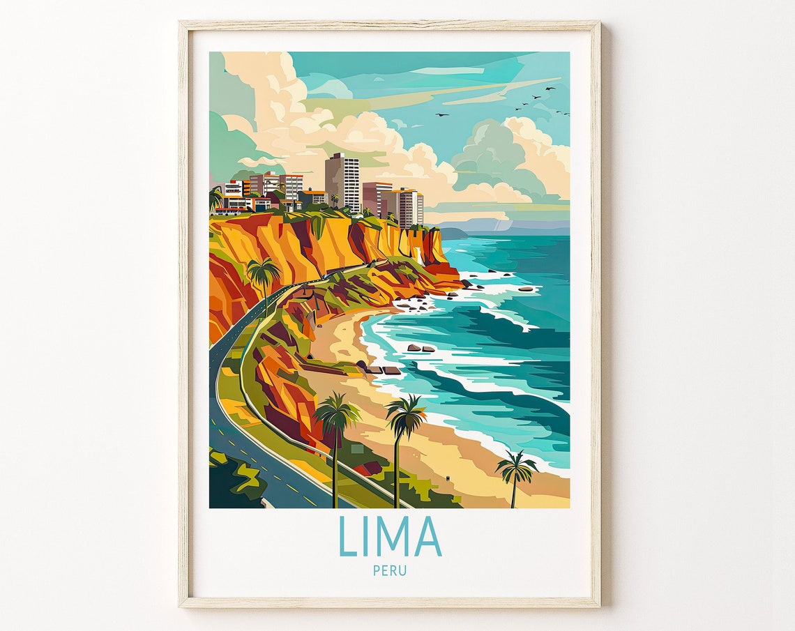 Lima Peru Colorful Coast Cliffs Retro Illustration Travel Poster