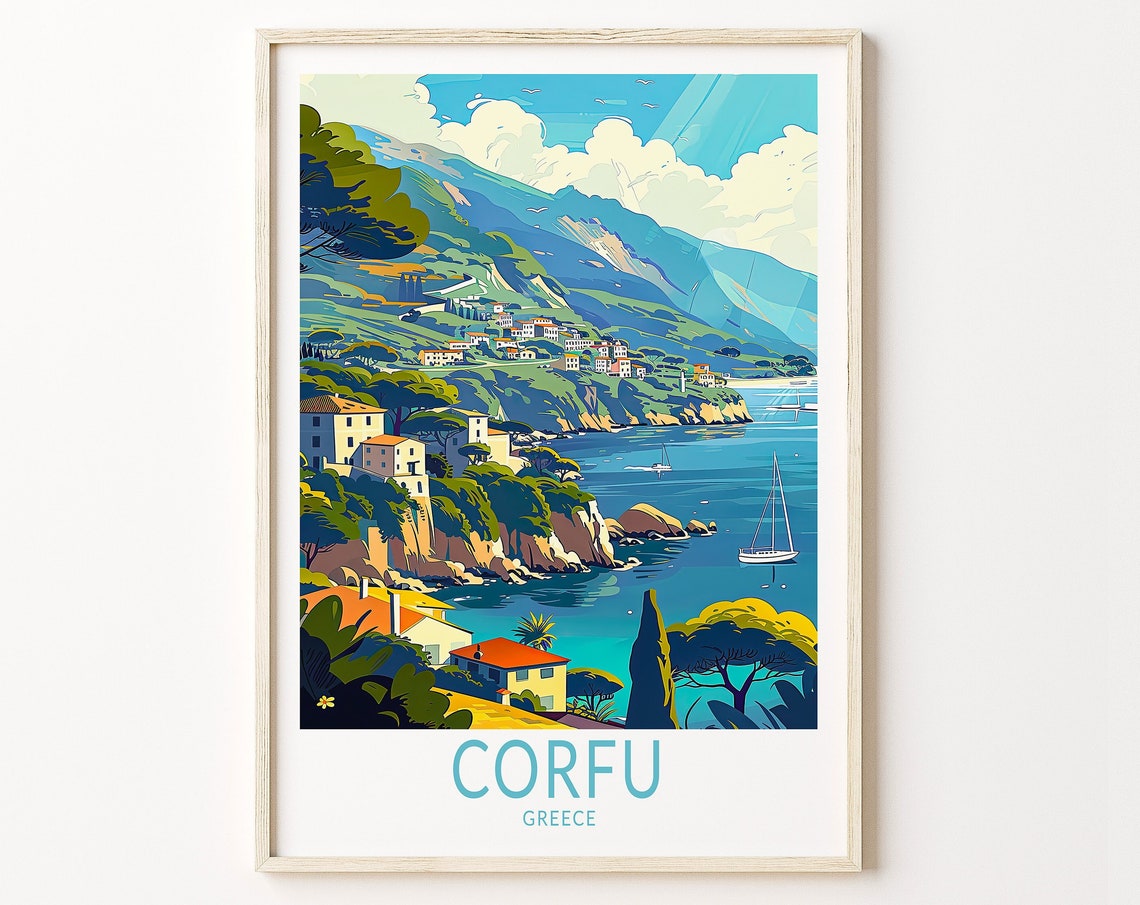 Corfu Greece Coastal Town With Sailboat Bay View Travel Poster