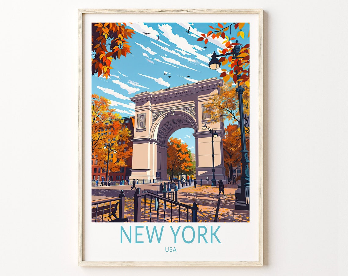 New York Washington Square Arch Autumn Fall Foliage Travel Poster