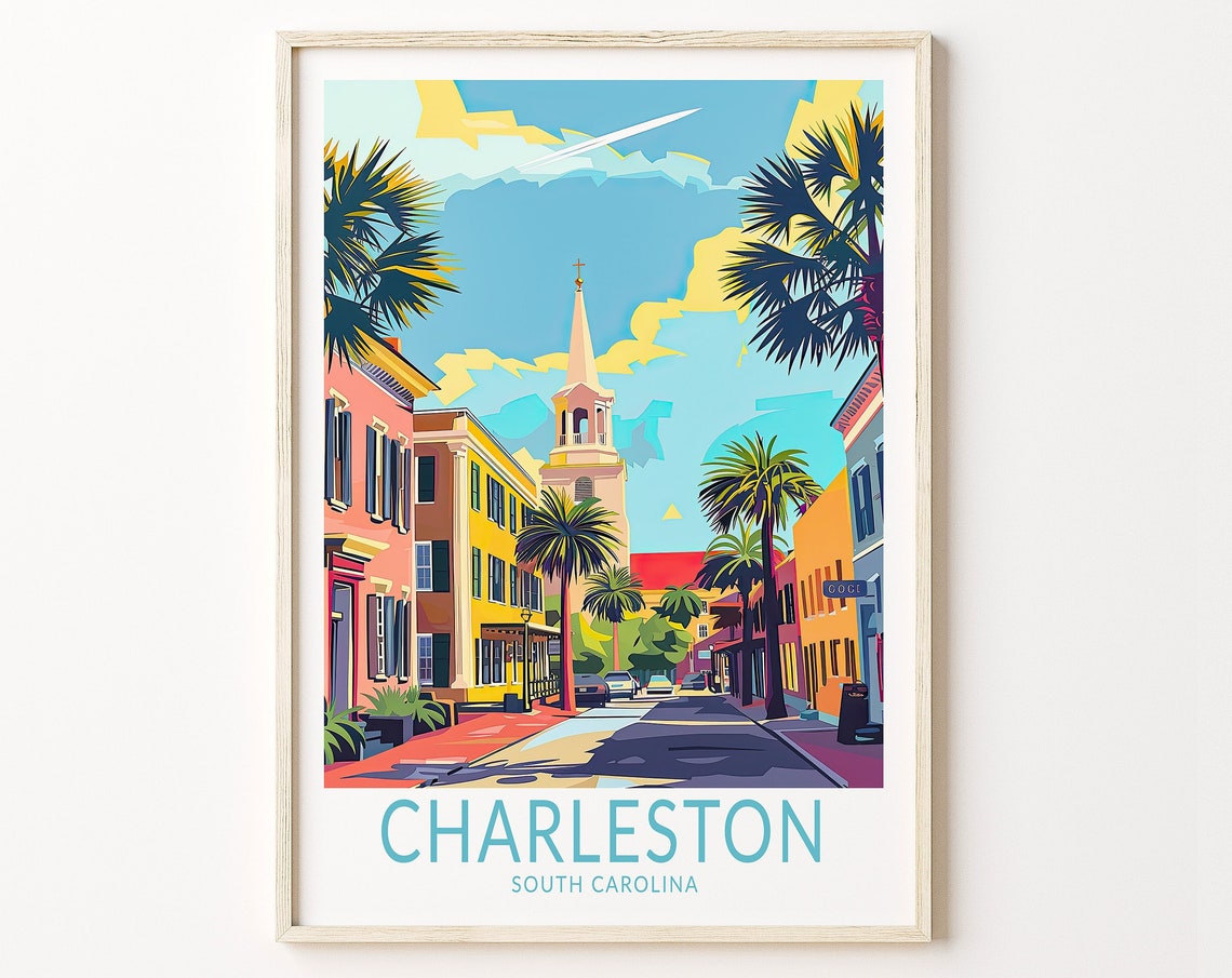 Charleston South Carolina Palm Street And Steeple Travel Poster