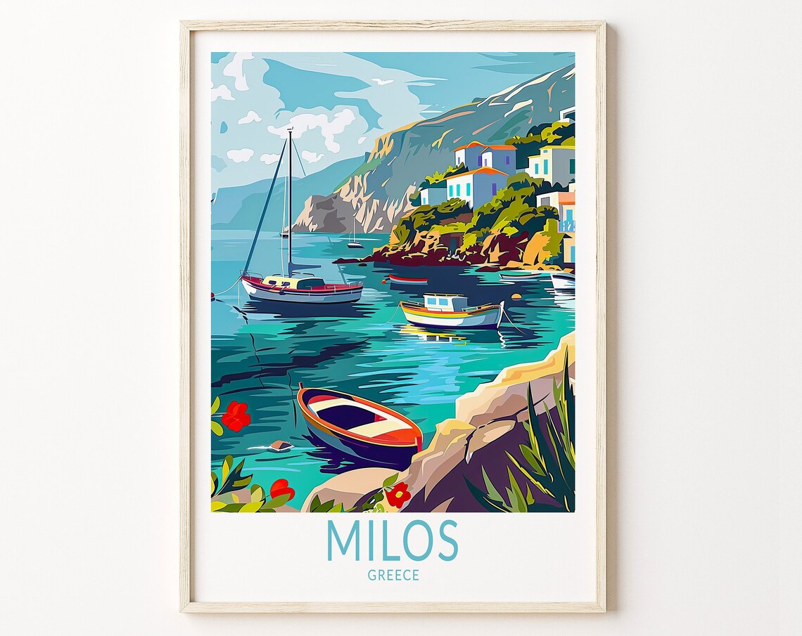 Milos Greece Turquoise Cove Boats Cliff Village Travel Poster