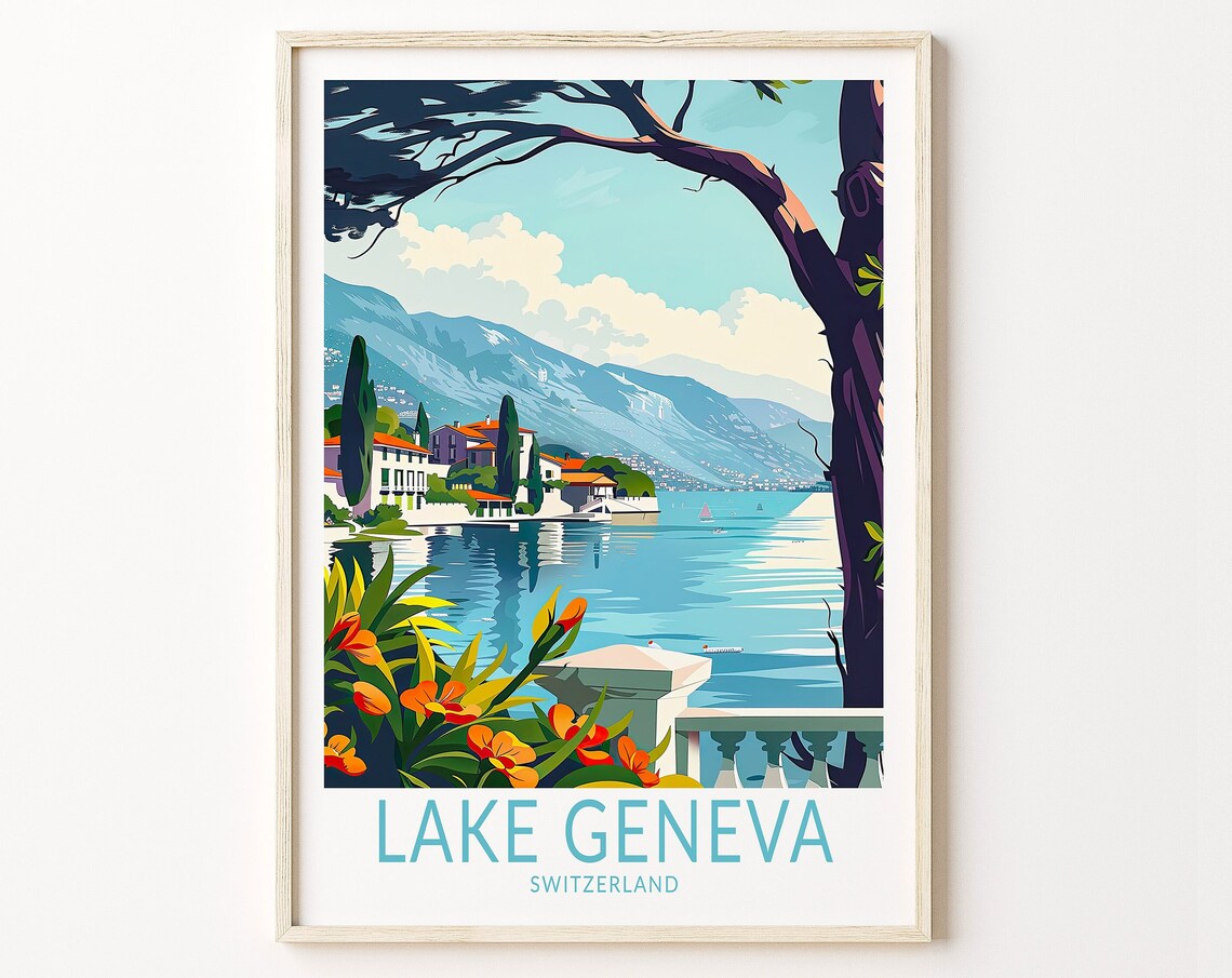Lake Geneva Switzerland Lakeside Villas Vintage Travel Poster