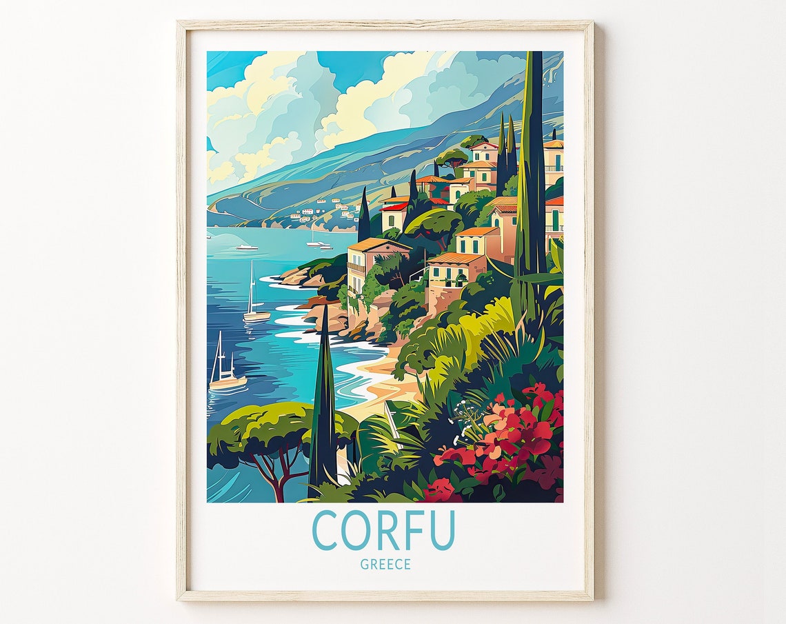 Corfu Greece Hillside Village Bay Cypress Trees Travel Poster