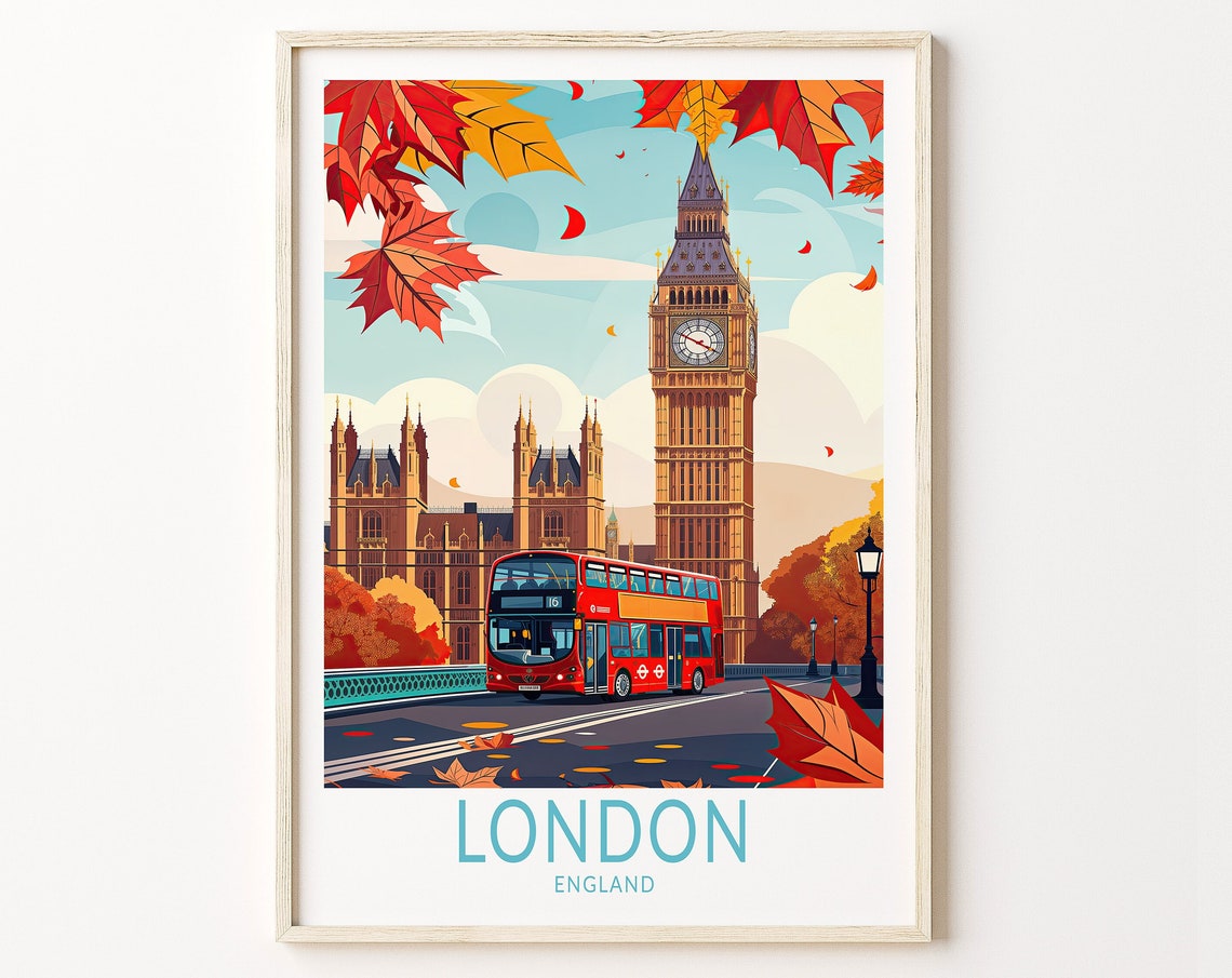 London Big Ben Autumn Red Bus Retro Illustration Travel Poster