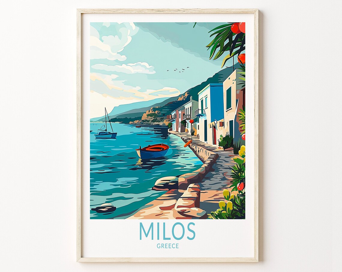 Milos Greece Waterfront Street With Boats Rocky Shore Travel Poster