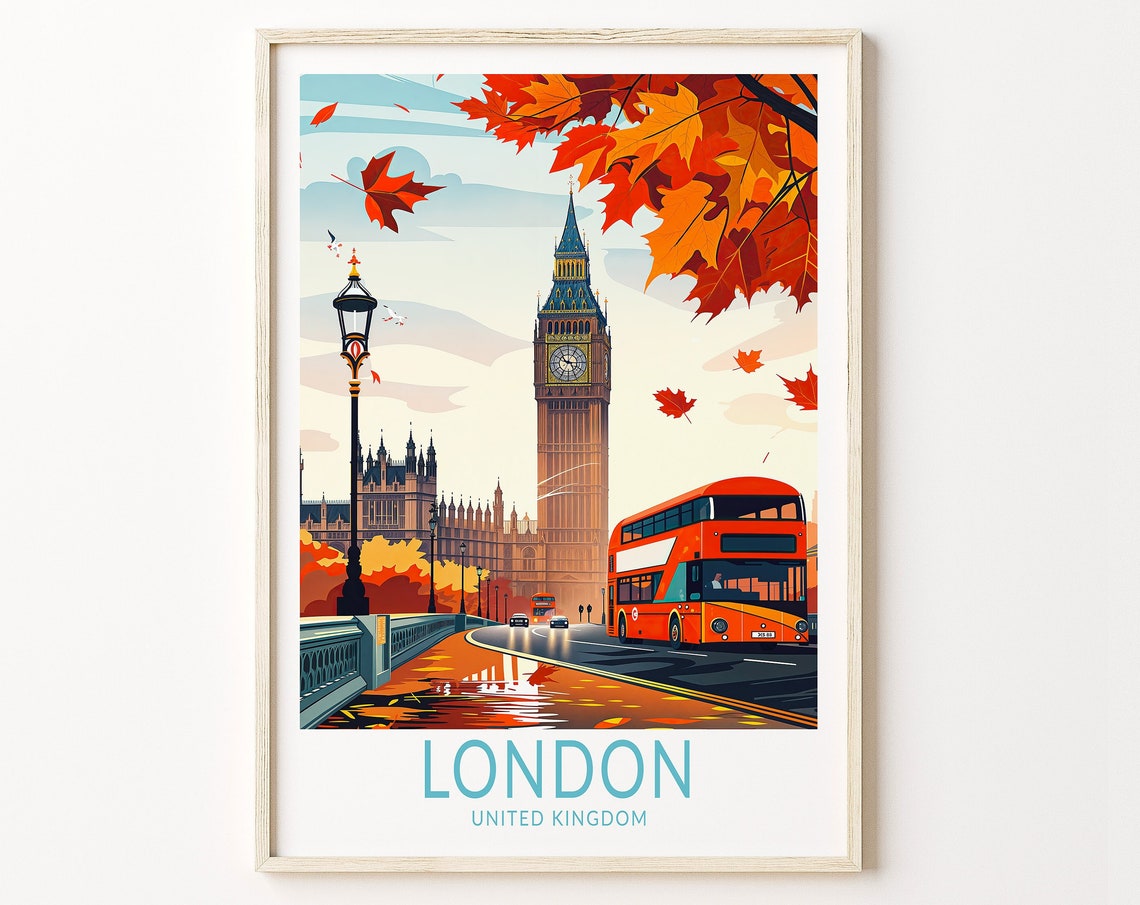 London Big Ben Clock Tower Red Bus Autumn Westminster Travel Poster