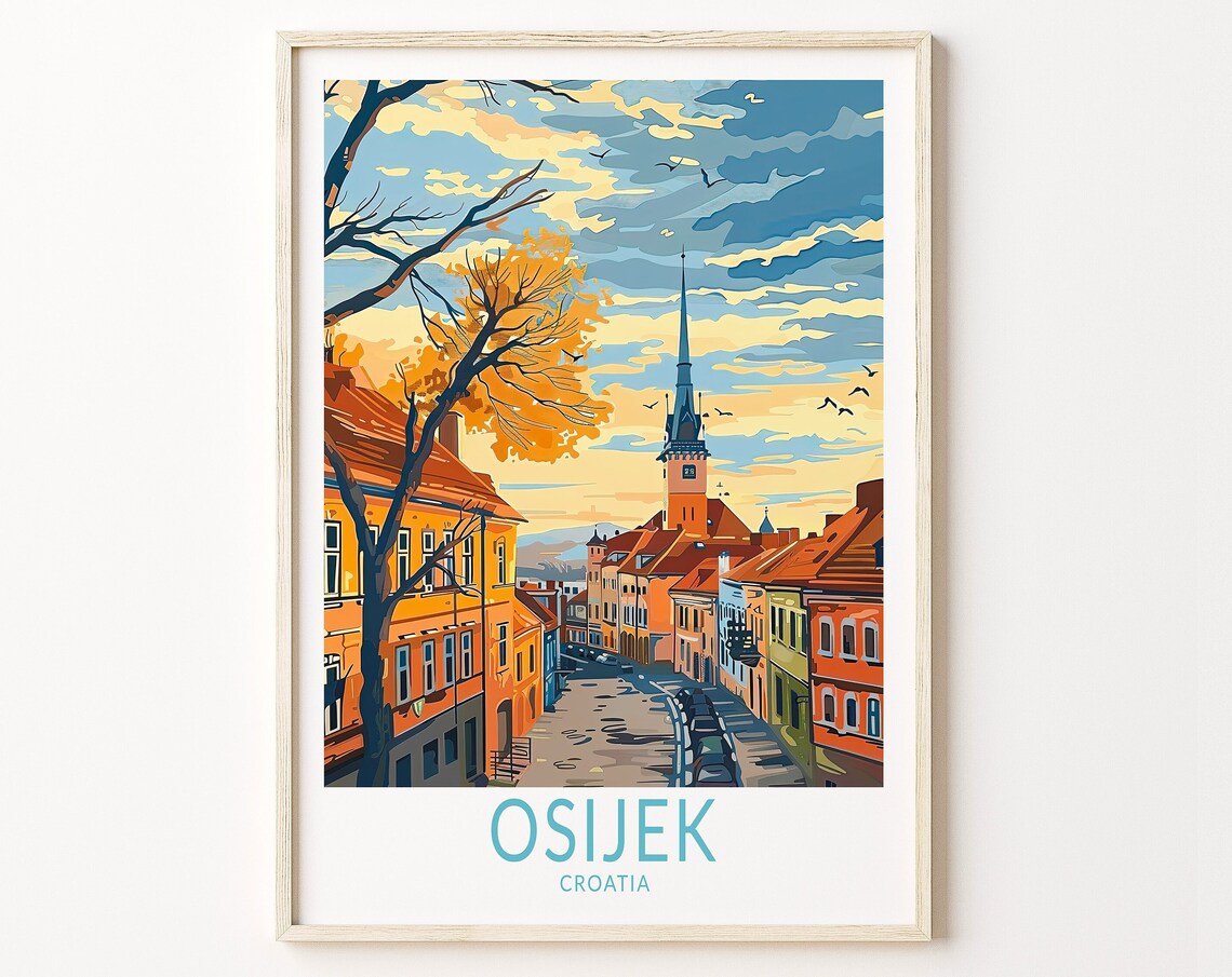 Osijek Croatia Golden Sunset Old Town Clock Tower Travel Poster