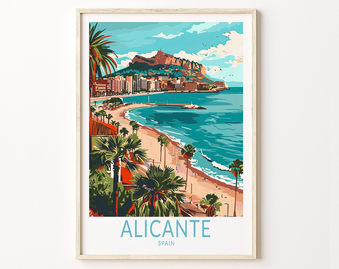 Alicante Spain Beach Bay Castle Hill Coastline Travel Poster
