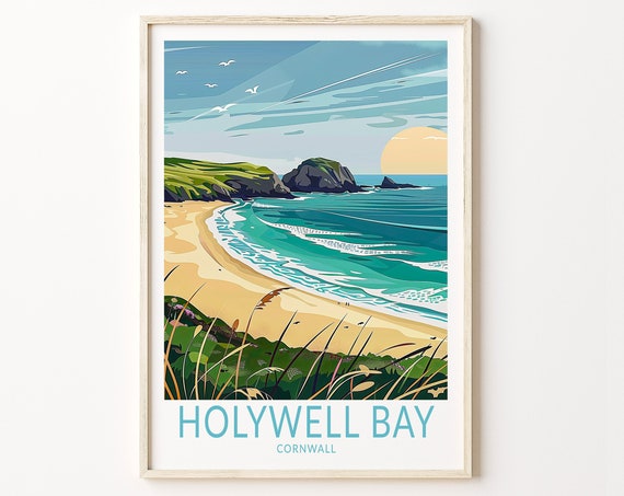 Holywell Bay Cornwall Print Holywell Bay Coast Poster Cornwall Wall Decor Summer Print Personalised Present Honeymoon Gifts